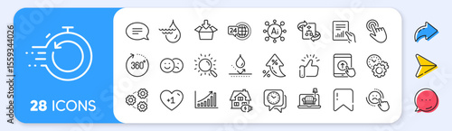 Furniture, Time management and Waterproof line icons. Interest rate, AI generate, Inflation icons. Pack of Hydroelectricity, 360 degrees, 24h service icon. Search, Graph chart, Like pictogram. Vector