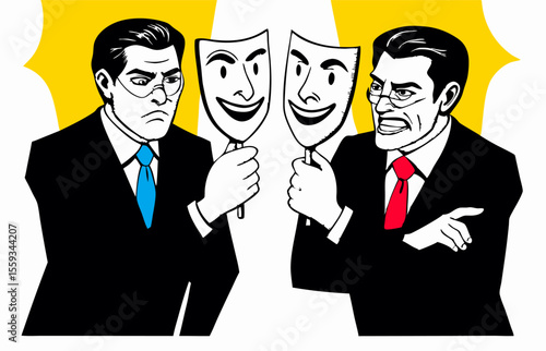 Two Businessmen Hiding Emotions Behind Masks - Deception Concept Illustration