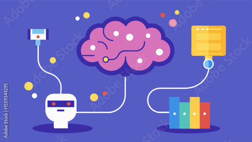 An illustration of the brain being stimulated and activated by engaging with interactive technology exercises.. Vector illustration