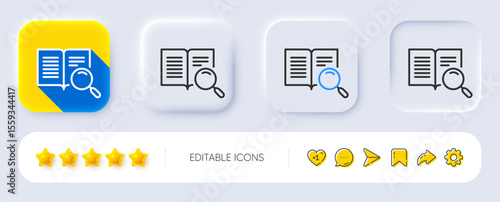 Search text line icon. Neumorphic, Flat shadow, 3d buttons. Find word sign. Open book symbol. Line search text icon. Social media icons. Vector