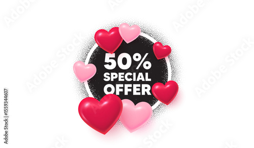 Discount frame love banner. Circle photo frame. 50 percent discount offer tag. Sale price promo sign. Special offer symbol. 3d hearts balloons. Grain dots pattern. Vector