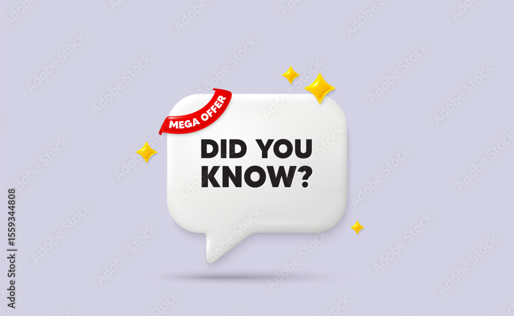Did you know chat speech bubble. Mega offer flag ribbon. Did you know tag. Special offer question sign. Interesting facts symbol. 3d sparkle stars speech bubble. Vector Did you know chat speech bubble. Mega offer flag ribbon. Did you know tag. Special offer question sign. Interesting facts symbol. 3d sparkle stars speech bubble. Vector