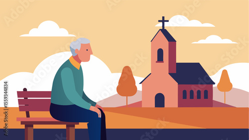 An elderly man sitting on a bench outside an old church gazing up at the steeple and remembering all the Sunday services he attended with his family as a child. The churchs. Vector illustration