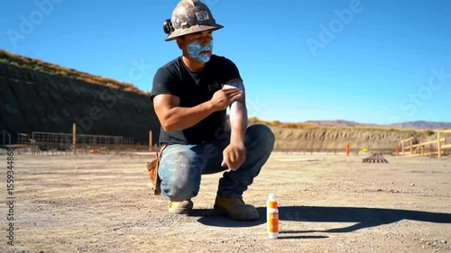 Construction worker applying sunscreen on his arm while squatting on construction site , video 
