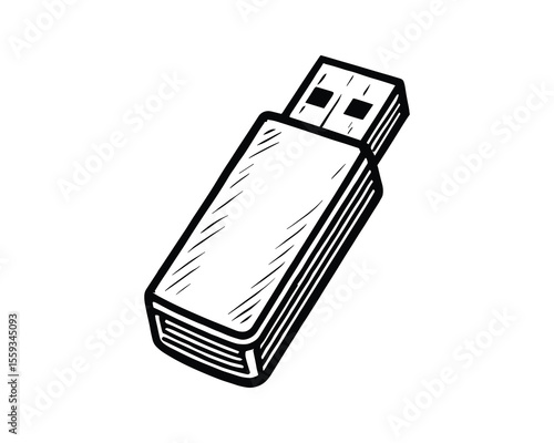 USB Drive Sketch Style Illustration for Data Storage and Transfer in Black and White