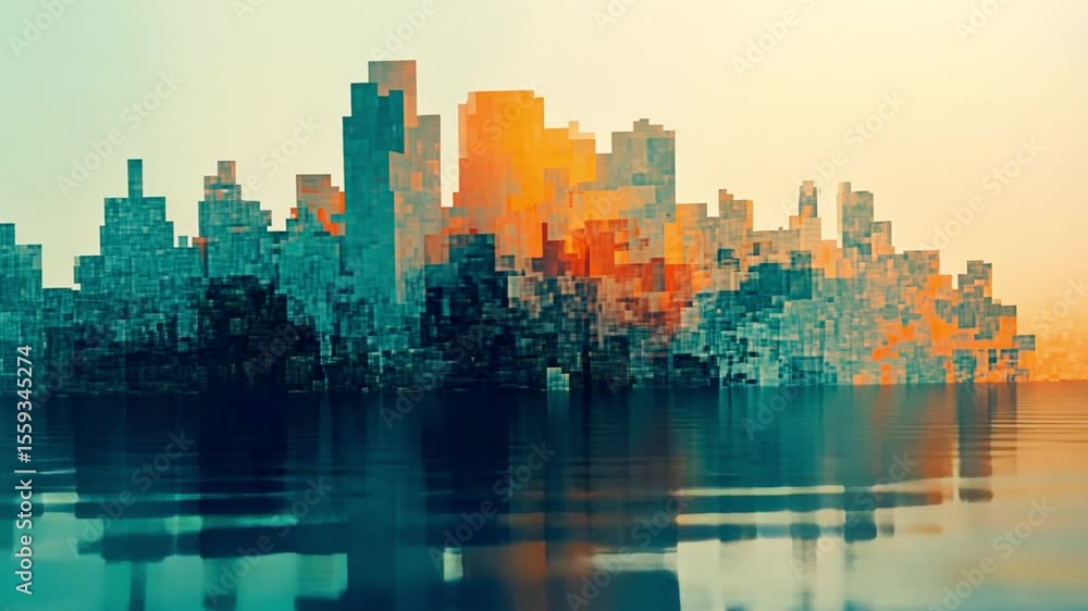 Pixelated city skyline reflected on water Pixelated city skyline reflected on water
