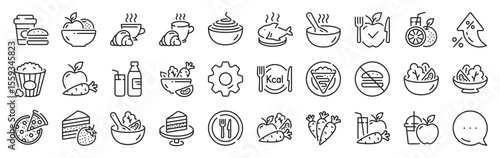 Meal line icons. Settings gear, Message, Inflation icons. Vegatable dish, poke bowl food and healthy salad set. Pizza, pasta spaghetti bowl and burger line icons. Vector