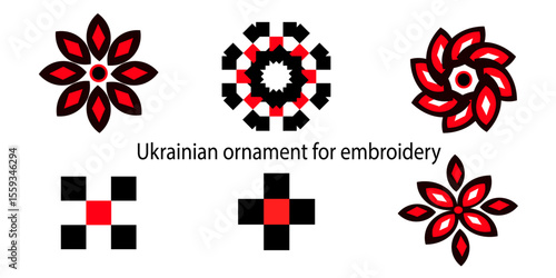 A collection of traditional Ukrainian embroidery design elements, including floral motifs and rhombuses in classic red and black colors. Ideal for DIY cross-stitch, folk art, textile design, cultural 