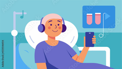 An illustration of a cancer patient lying in a hospital bed smiling and holding a phone listening to a personalized playlist of inspiring and uplifting songs as a form of music. Vector illustration