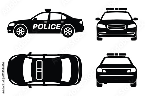 Black Police Car Vector Illustration Set with Front, Side, and Top Views for Design Use