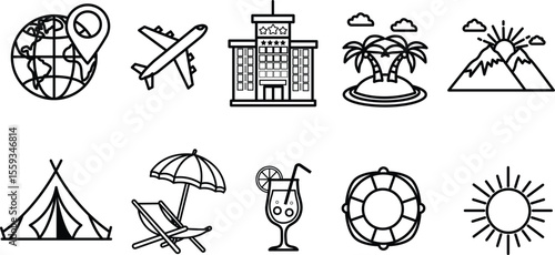 Set of summer travel icons. Holiday tour symbols for applications and websites featuring hotel, sun, camp, mountain, drink, plane, and island. Available in transparent PNG and vector formats.

