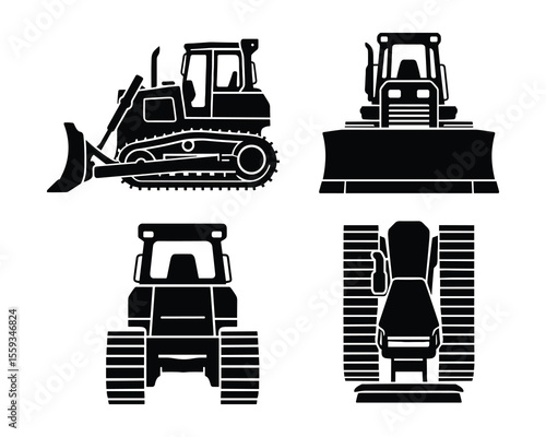 Bulldozer Silhouette Collection Showing Construction Equipment from Various Angles