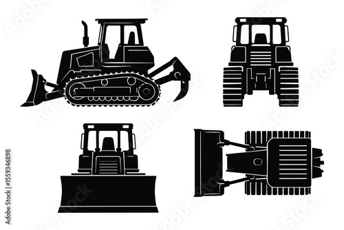 Bulldozer Silhouette Set Four Views Construction Vehicle Design Element Machinery