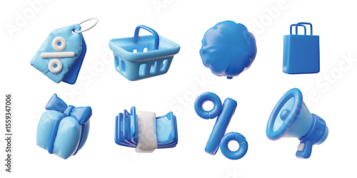 Black Friday sale and discount special offer render symbols from inflated balloon, marketing blue 3D design vector set