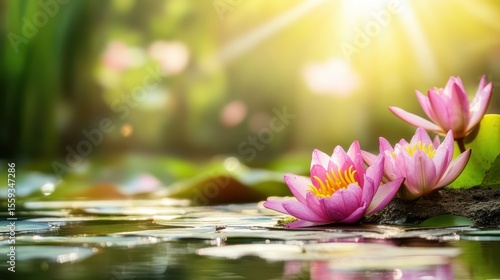 Wallpaper Mural Serene Pink Lotus Flowers in a Tranquil Pond with Sunlight Glow Torontodigital.ca