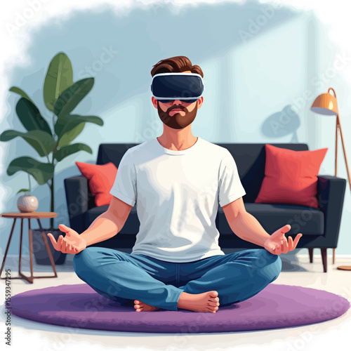 Man doing vr meditation at home for relaxation and stress relief using virtual reality headset and yoga mat