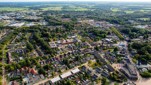 Aerial view of the old town of the city Oosterwolde in the Netherlands on a sunny day in summer	