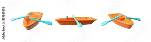 3d set of orange wooden boats with oars from different sides.