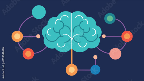 An illustration of the brain with different pathways and networks being activated during mindful breathing promoting increased cognitive function and mental clarity.. Vector illustration
