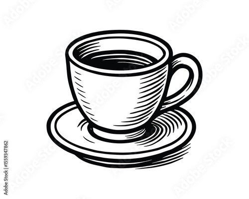Coffee Cup Illustration: Detailed Black and White Line Art for Cafe and Drink Designs