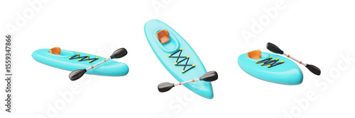 Canoe, tourist boat with paddle, seat 3D vector set, kayak with oar for active sport on water, rafting sports equipment