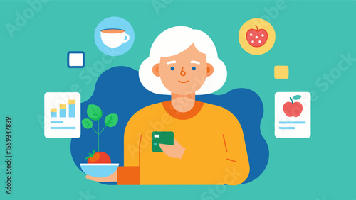 A woman in her 60s using a nutrition app to plan and track her meals supporting healthy eating habits and brainboosting nutrients.. Vector illustration