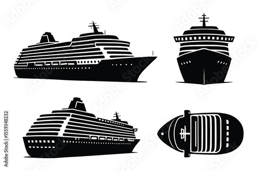 Cruise Ship Silhouette Vector Set Ocean Liner Isolated on White Background