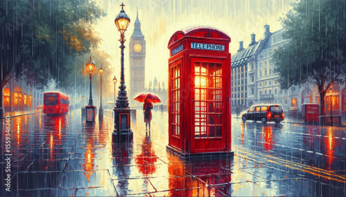 An illustration of a British red telephone booth against the backdrop of an urban landscape. Vector graphics. EPS.