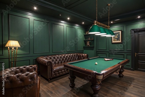 Luxurious Dark Green Billiards Room with Leather Furniture and Elegant Lighting