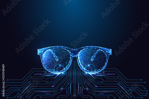 Smart digital glasses glowing above circuit board, augmented reality and wearable tech vector