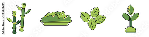 Bamboo garden markers, mint leaves, grow seed and lettuce tray eco-friendly plant icon set in hand drawn style for gardens and plant care