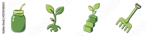 Vibrant garden rake, green smoothie jar, growing container and sprout root system icon set in hand drawn style - perfect for gardening tools, landscaping, and hearth themes