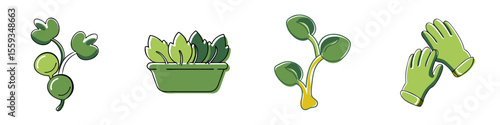 Fresh green basket, gardening gloves, radish sprouts and veggie sprouts icon set in playful hand drawn style for natural and organic design concepts