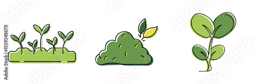 Vibrant organic farming, compost and soil, soil with sprouts icon set in hand drawn style for sustainable agriculture designs and eco-friendly projects