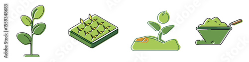 Hand drawn style mesh germination tray, plant stake, seed sower and soil sifter icon set for gardening and plant growth concepts