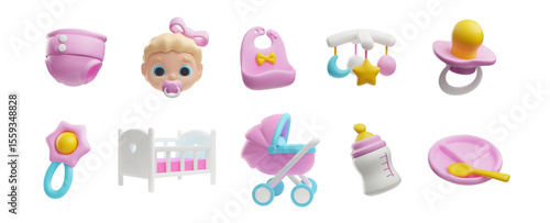 Set of baby girl things 3D vector collection, cute infant face, buggy, bed, diaper, pacifier, toys and feeding utensil