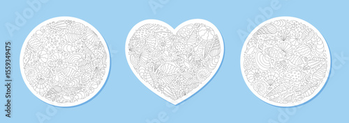Underwater pattern sketch with round and heart shapes of seashells. Contour outline of marine elements and aquatic mollusks. Seamless concept with delicate sea background, showcasing shells in