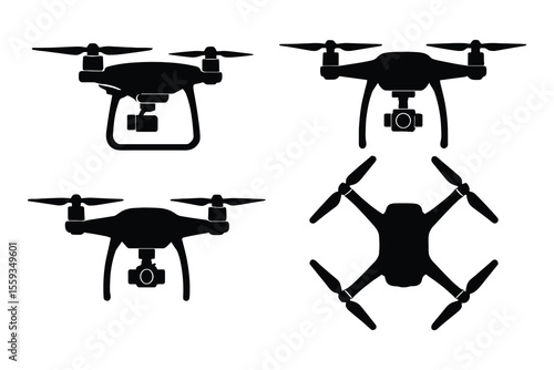 Drone Silhouettes Set Depicting Various Angles and Views in Solid Black Style