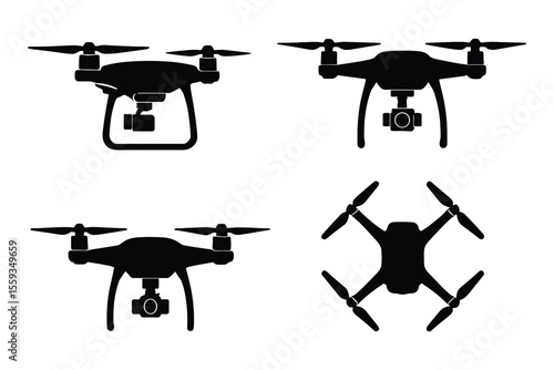 Drone Silhouettes Set Depicting Various Angles and Views in Solid Black Style