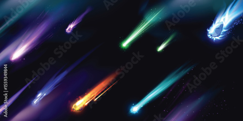 Falling asteroid or comet different colors with fire trail, realistic vector flying burn meteorite on the Aurora Polaris