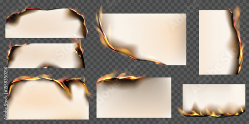 Paper burn vector realistic illustrations set, ablaze parchment sheet side with fire and black ash, flaming page scraps