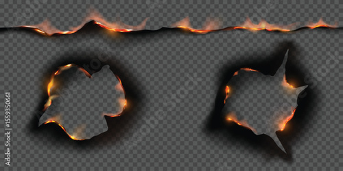 Paper burn holes and line frame vector set, overlay ablaze paper round border with fire and ash, transparent background