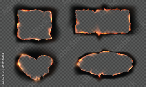 Paper burning heart and rectangle hole frame, vector realistic flaming paper with fire and ash on transparent background