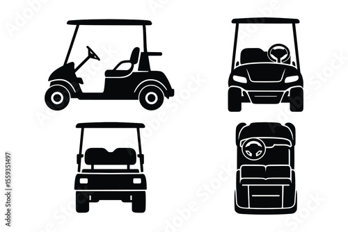 Golf Cart Silhouette Vector Set with Multiple Perspectives and Angles