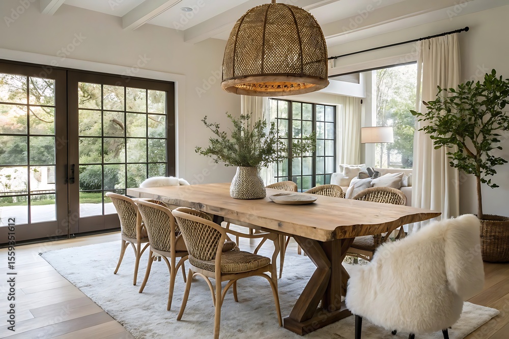 Fototapeta premium Modern Organic Dining Room with Live Edge Table and Wicker Chairs, Natural Light and Decor