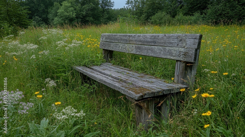 Fototapeta premium Wooden Bench Surrounded by Wildflowers in Lush Green Field