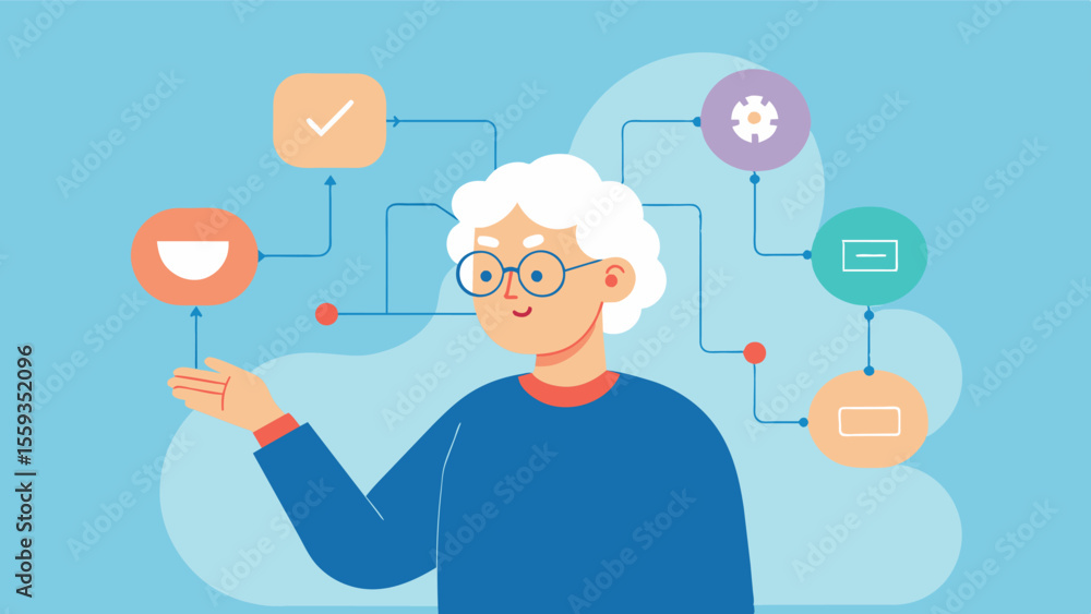 An elderly individual creating a mind map to help manage their chronic illness and the related symptoms using it as a visual aid to track their progress and challenges.. Vector illustration An elderly individual creating a mind map to help manage their chronic illness and the related symptoms using it as a visual aid to track their progress and challenges.. Vector illustration