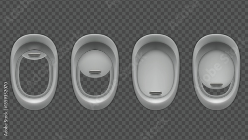Airplane window in different positions inside view, vector flight plane interior window and fuselage glass porthole