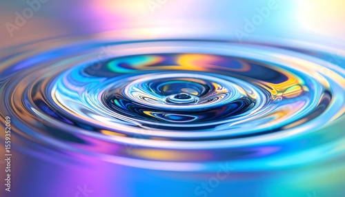 Fluid motion displays rippling liquid and iridescent reflections, showing a captivating visual of concentric circles, light play, and dynamic surface tension.