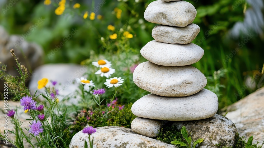 Obraz premium Tranquil Stacked Stones Surrounded by Colorful Wildflowers in Garden